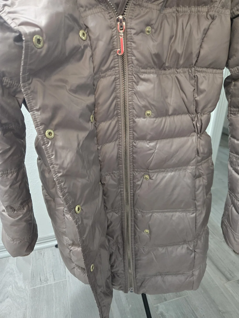 Juicy Couture Women's Taupe Puffer Coat with Faux Fur Trim